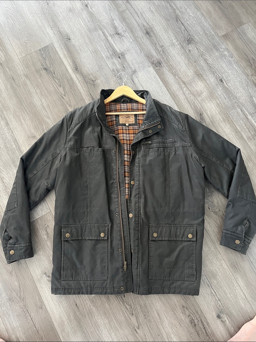 Casual Men's Military Field Jacket with Plaid Lining - Black
